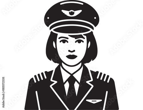 Female pilot in uniform a vector illustration in black and white isolated on white background