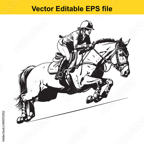 Equestrian rider on a horse jumping over an obstacle, black and white illustration, isolated on
