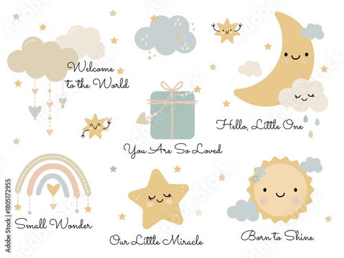Collection of elements for a newborn baby: Clouds, moon, sun, stars, rainbow. Cute stickers for newborns