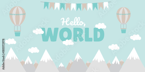 Banner for the birth of a baby with a balloon, garland, and mountains