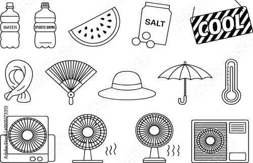 Summer Heat Protection and Cooling Essentials Line Icons Set – Water, Fans, Air Conditioner, Salt, Umbrella, Hat, Watermelon – Black and White Vector Illustration