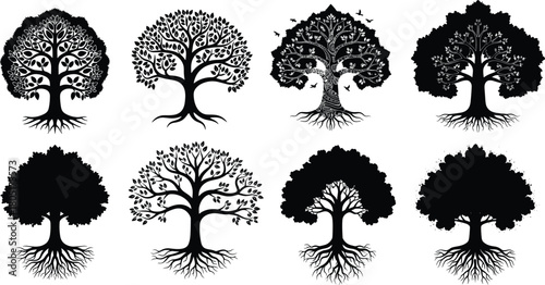 Majestic set of stylized black tree silhouette vector illustrations, symbolizing life, nature, growth, wisdom, and strong roots, ideal for logo design, spiritual concepts, branding, and