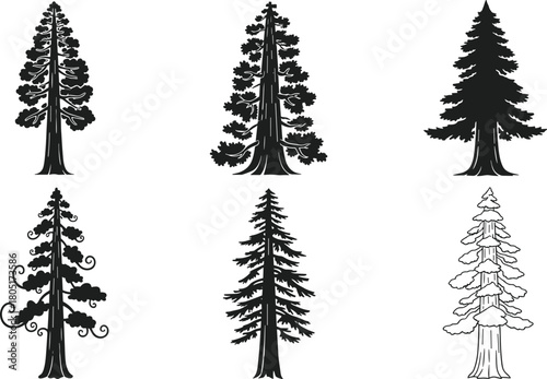 Majestic Redwood and Sequoia Tree Silhouettes Vector Set, Giant Conifer Forest Graphics, Tall Evergreen Nature Elements, National Park and Wilderness Preservation Design Collection.