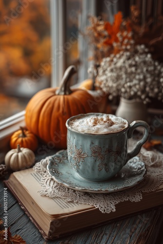 Cozy Autumn Scene With a Warm Drink, Pumpkins, and Decorative Elements by the...