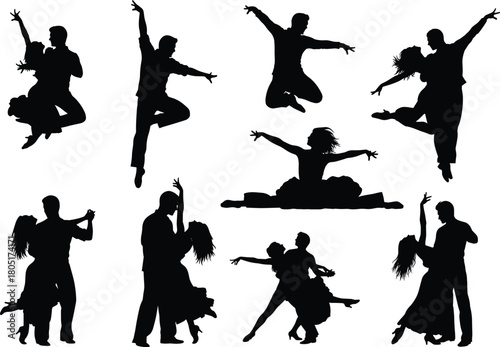 Silhouettes of dancers, dance poses, expressive movement, elegant choreography, black silhouettes, partner dancing, solo dance, dynamic motion, artistic performance, graceful figures, dramatic leaps, 