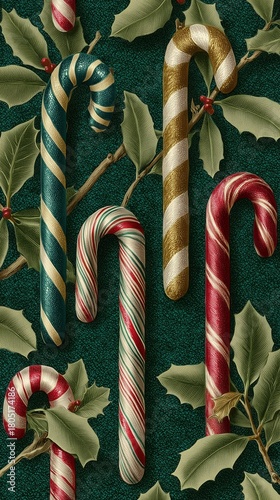 Colorful Candy Canes and Holly Leaves Create a Festive Holiday Decoration Scene