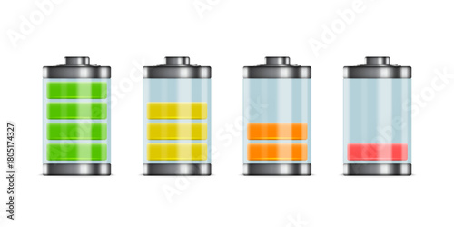 Discharged and various level energy alkaline batteries set. Electric power accumulators bundle. isolated on white background. vector illustration
