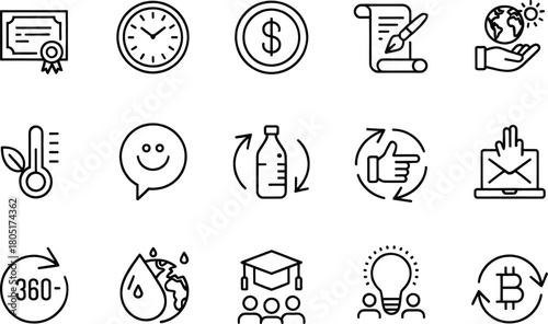 Business, Finance, Sustainability, Education, and Innovation Line Icons Set – Minimal Outline Vector Pack