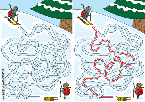 A funny vector illustration of a winter maze on a snowy slope, featuring a cartoon ladybug starting on skis and another waiting at the finish line 
