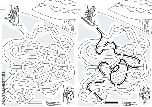 A funny vector illustration of a winter maze on a snowy slope, featuring a cartoon ladybug starting on skis and another waiting at the finish line in black and white