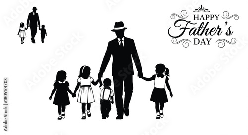 Father walking with children, family silhouette, Father's Day celebration, emotional bond, parenting love, black and white, flat vector illustration