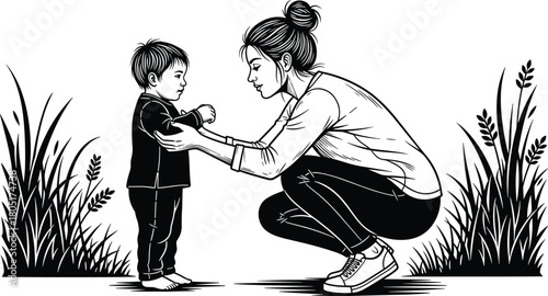 Mother and child outdoor bonding, squatting woman holding arms, nature background, parenting love, black and white, flat vector illustration
