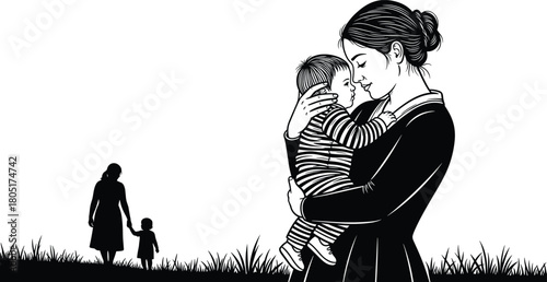 Mother holding baby, emotional bond, parenting love, family care, maternal affection, silhouette scene, motherhood moment, peaceful nature, nurturing embrace, flat vector illustration