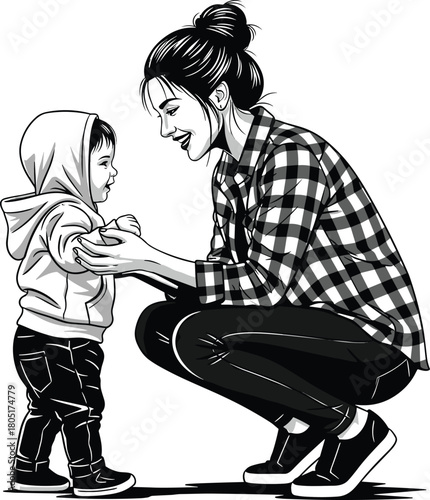 Mother squatting with child, holding hands, emotional bonding moment, parenting care scene, black and white, flat vector illustration