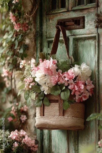 Charming Floral Arrangement in a Woven Basket at a Rustic Door