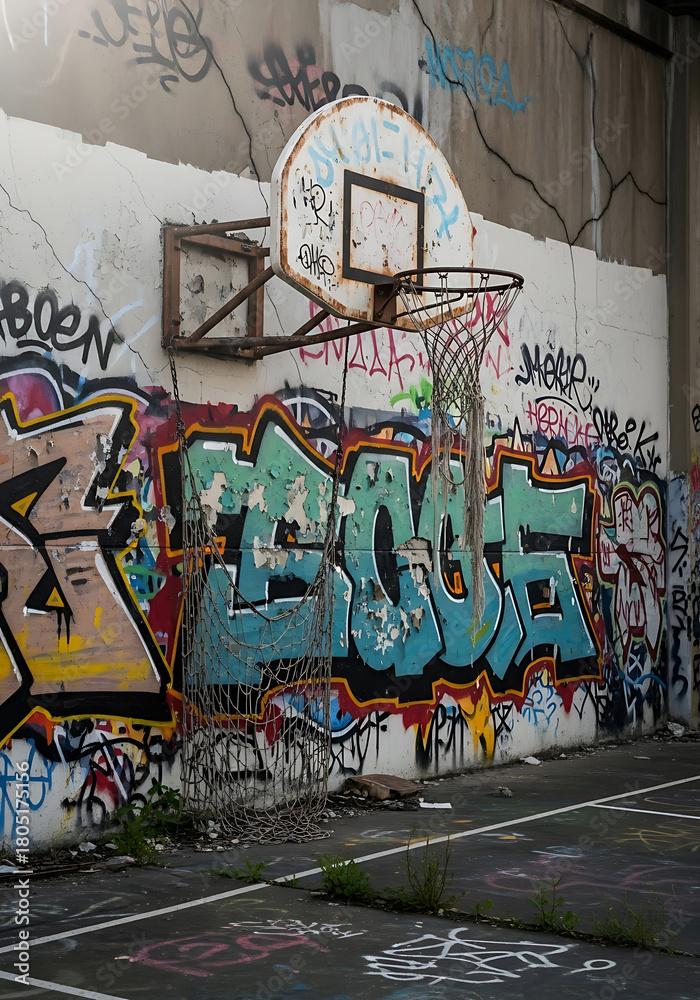 Obraz premium Abandoned basketball hoop and backboard covered in graffiti on a weathered urban court with cracked asphalt.