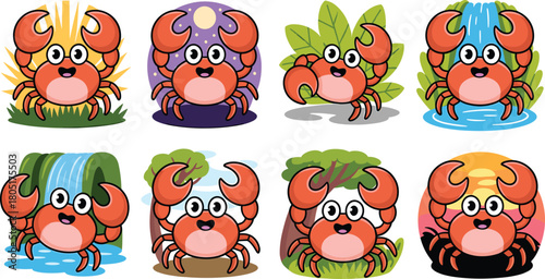 Cheerful Cartoon Crab Characters in Various Natural and Stylized Scenes Keywords: crab, crustacean, marine life, ocean, sea, water, cartoon, character, illustration, cute, playful, happy, smiling