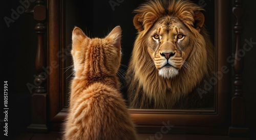 Small red or ginger non-confident insecure frightened kitten looks in mirror and sees big brave strong confident lion. Metaphor for self-esteem, self-respect, self-love. Believing in you will succeed