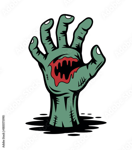 A green, decaying zombie hand emerges from the ground with a bloody wound.