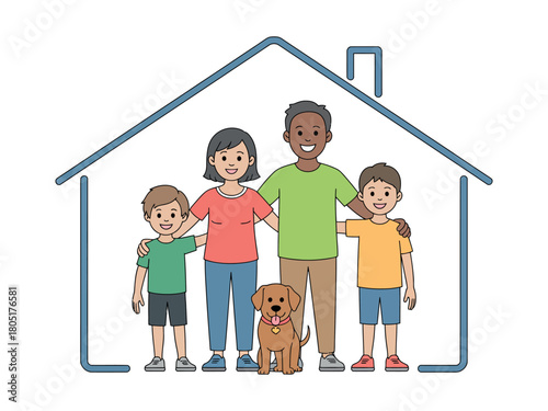 A happy, diverse family with their dog is sheltered within the outline of a house.