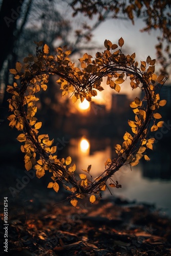 Heart-shaped Frame of Autumn Leaves at Sunset Near a Calm Lake