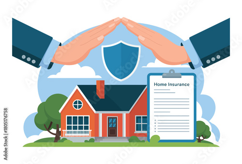 Hands form a protective dome over a house with home insurance policy documents.
