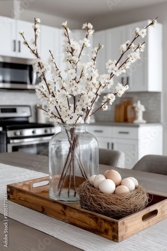 Rustic Kitchen Decor With White Flowers and Fresh Eggs in a Cozy Setting