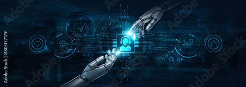 Принти на полотні Hold on, robot hands deliver Customer Support and futuristic interface, automating responses