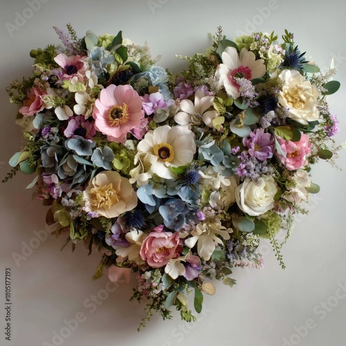 Heart-shaped Floral Arrangement With Colorful Blooms Displayed on a Neutral B...
