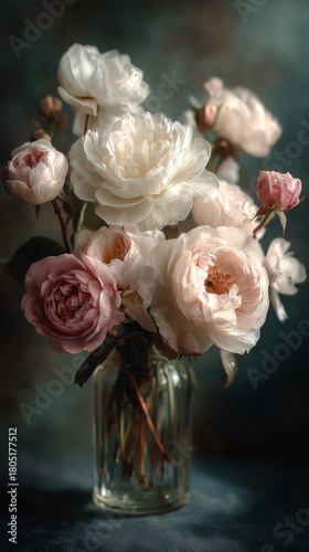 Beautiful Bouquet of Peonies and Roses Arranged in a Simple Glass Vase for a ...