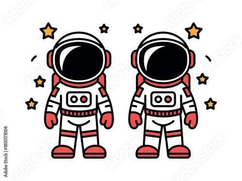 Two cartoon astronauts stand surrounded by stars in a graphic illustration.