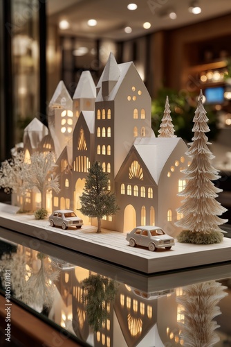 Winter Village Scene With White Houses and Trees on Display During Christmas ...