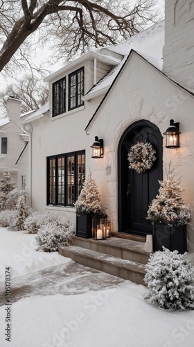 Winter Snowfall Covers Charming House With Festive Decorations in Quiet Neigh...