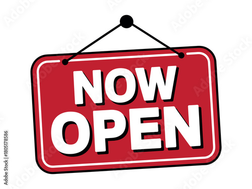 A red "NOW OPEN" sign hangs, indicating a business is open for customers.
