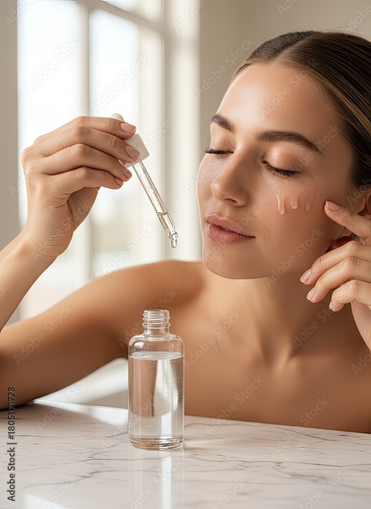 Fototapeta premium Beautiful woman applying face serum for healthy skin and beauty treatment indoors