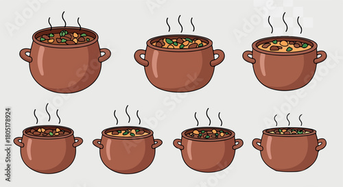 Stew in pots collection with steam