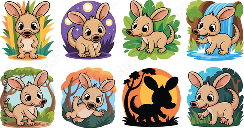 Collection of Eight Cartoon Kangaroos in Various Natural Settings Keywords: kangaroo, cartoon, illustration, animal, wildlife, nature, jungle, forest, waterfall, night, moon, stars, sky, cute