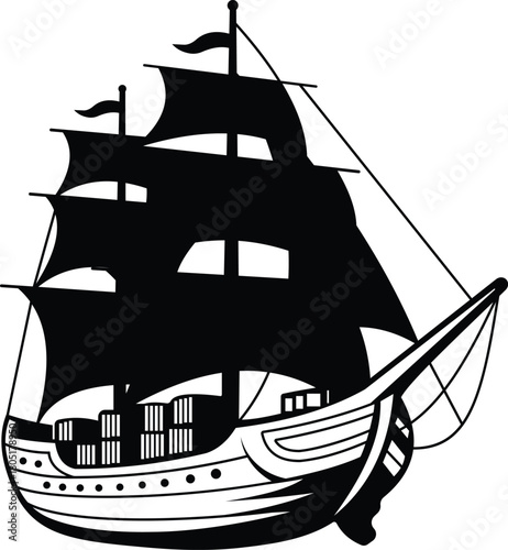 Vintage Sailing Ship Silhouette Vector - Nautical Black and White Vector Icon