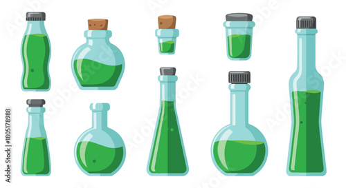 Green potion bottles collection with transparent background