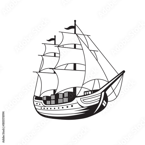 Vintage Sailing Ship Vector - Black and White Nautical Tall Ship Icon