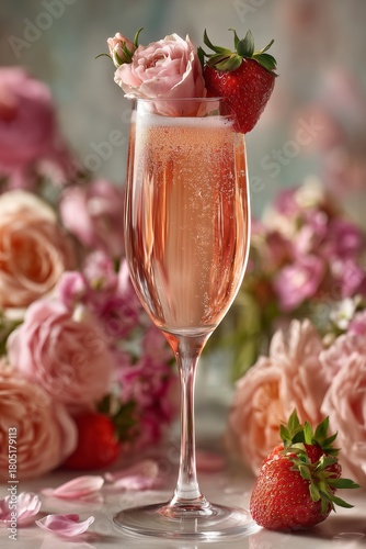Refreshing Sparkling Drink With Strawberries and Roses in a Soft Setting