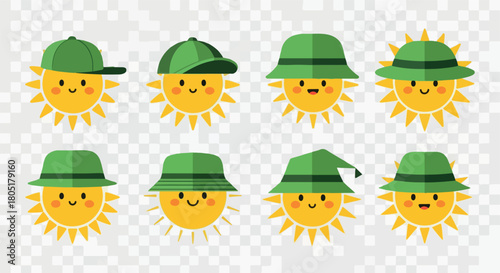 Smiling suns wearing hats with transparent background