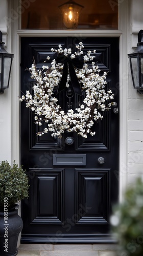 Elegant Wreath Decorated With White Flowers Hangs on a Dark Front Door During...