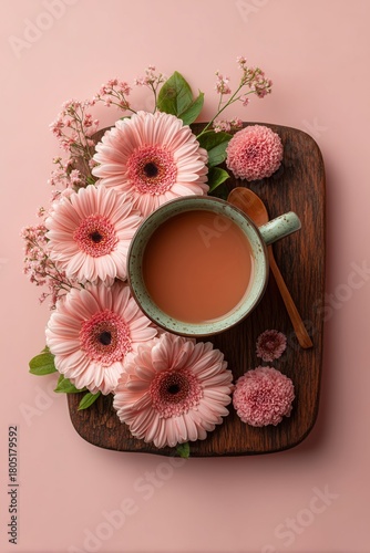 Coffee Cup Surrounded by Pink Flowers on a Wooden Tray