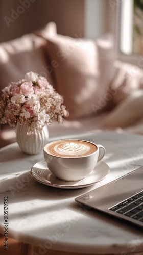 Warm Coffee Cup on a Marble Table With Flowers and a Laptop in a Cozy Setting