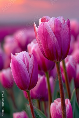 Vibrant Pink Tulips Blooming in a Field During Sunset