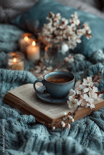 Cozy Setup With Tea, Flowers, and Candles on a Soft Blanket in a Warm Environ...