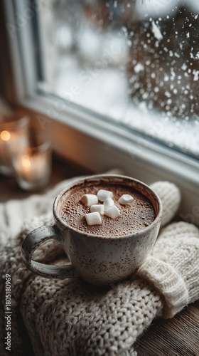 Warm Cup of Hot Chocolate With Marshmallows by a Snowy Window in a Cozy Setting