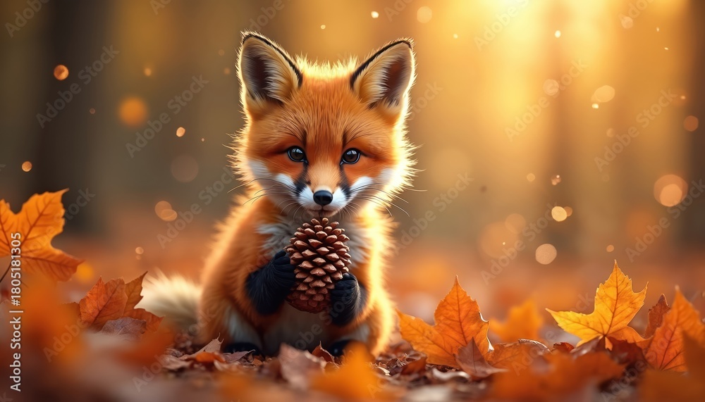 Fototapeta premium Cute baby fox sits in autumn forest holding pinecone. Fallen orange leaves surround small wild animal. Golden light filters through trees creating bokeh effect.