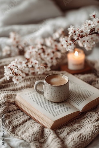 Cozy Morning With Coffee and Book on a Soft Blanket With Flowers and Candlelight